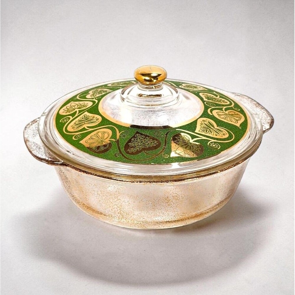 VTG Fire-King 2qt Casserole Culver Ltd 22K Gold Green Hearts Signed READ CHIP